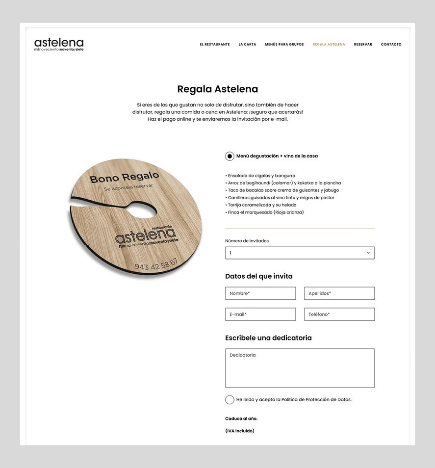 Vista de la página regala astelena de la web del restaurante Astelena