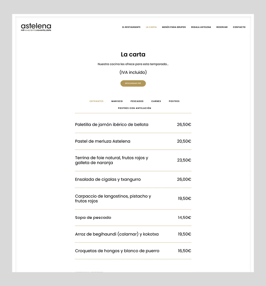 Vista de la página carta de la web del restaurante Astelena
