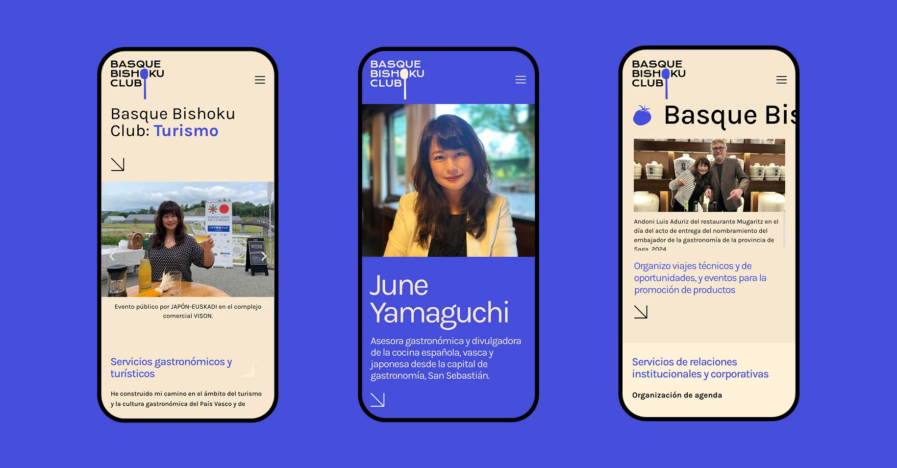 Vista de la web de Basque Bishoku Club en tres pantallas de móvil