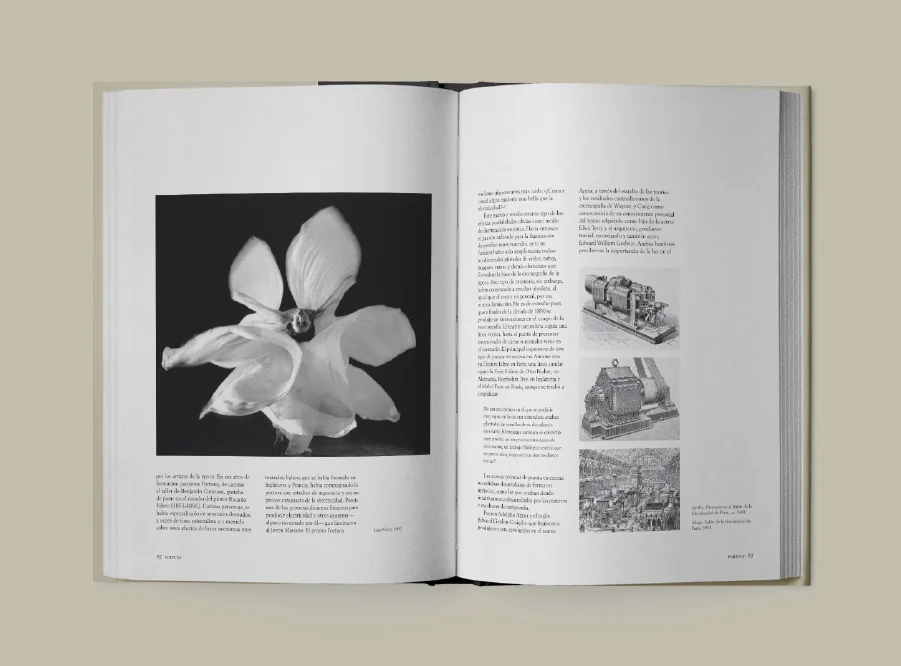 Diseño editorial del libro Fortuny, mostrando páginas interiores.