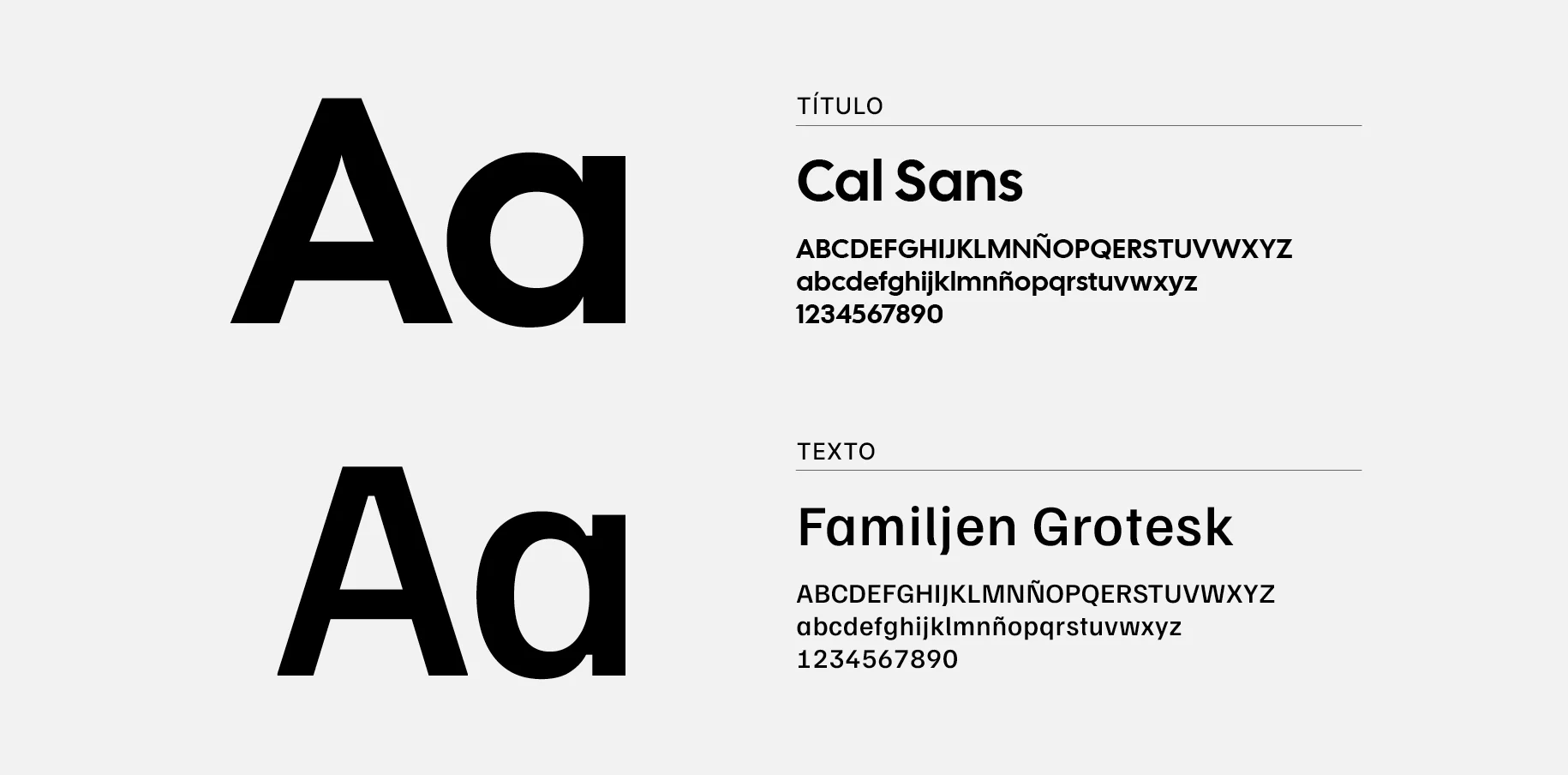 Diseño de branding de Xabi Aguado con Cal Sans en títulos y Familjen Grotesk en texto