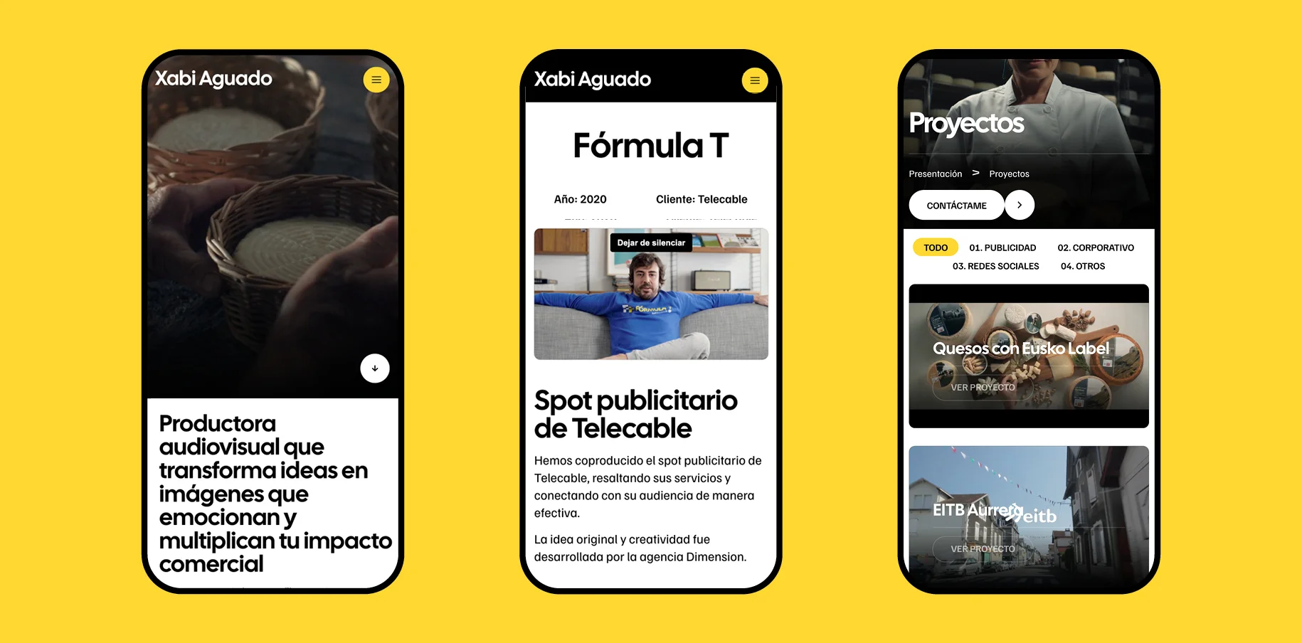 Vista de la web adaptativa de Xabi Aguado en tres móviles